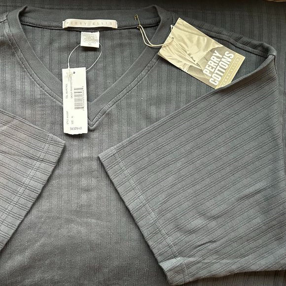 NWT Grey Perry Ellis Rib Knit V neck T - Picture 4 of 7